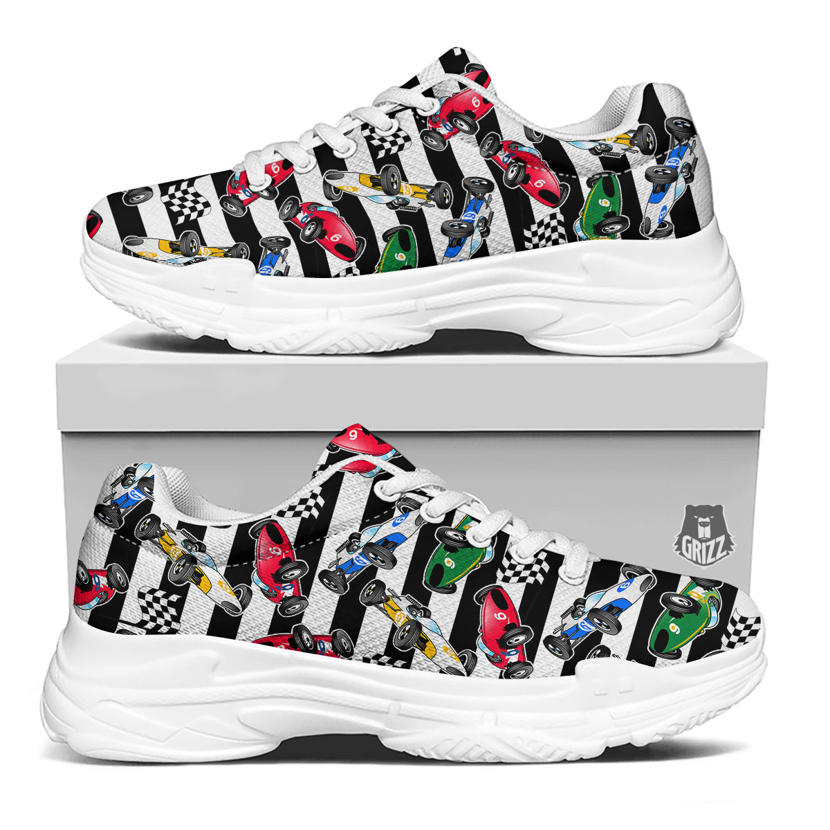 Stripes Racing Cars Print Pattern White Chunky Shoes-grizzshop