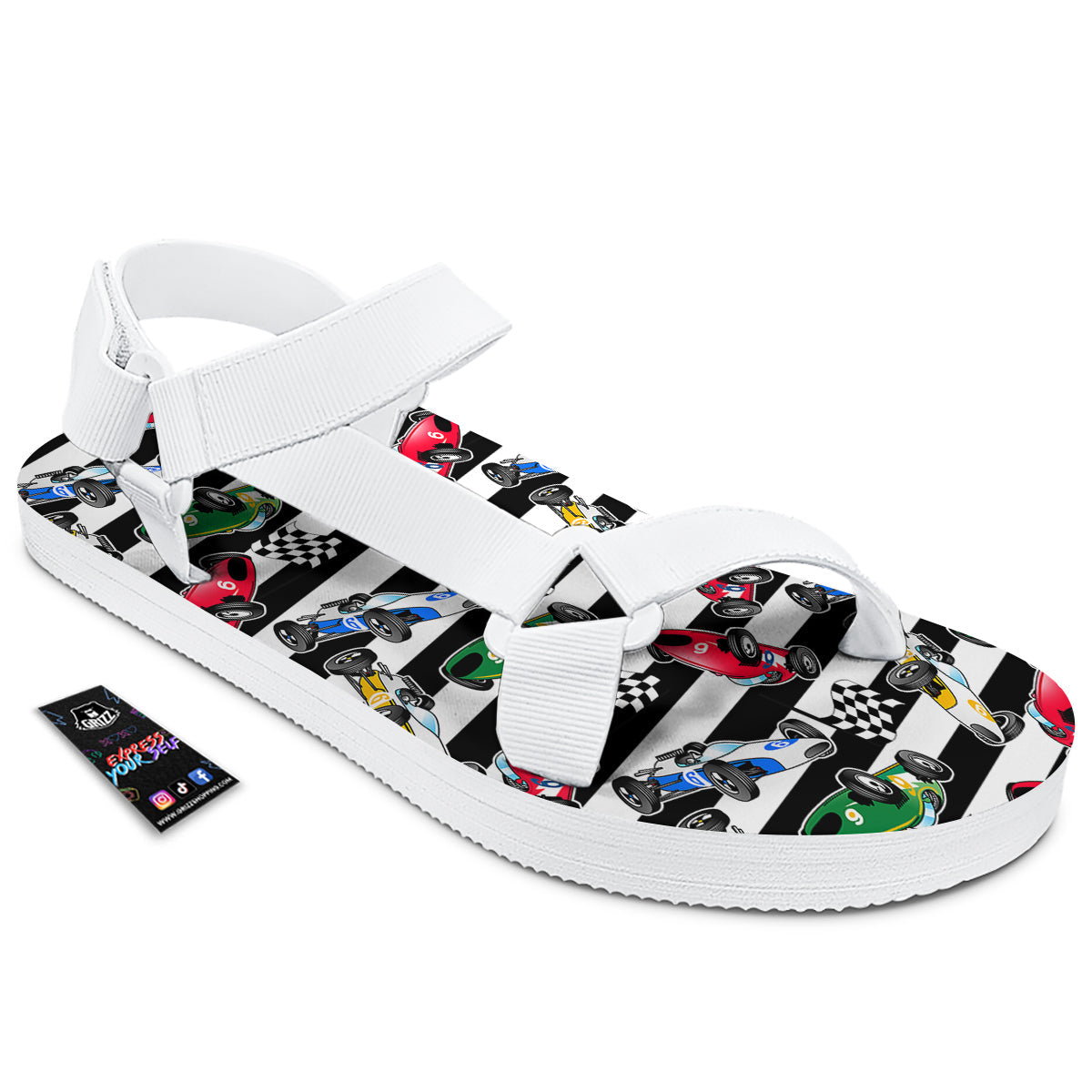 Stripes Racing Cars Print Pattern White Open Toe Sandals-grizzshop