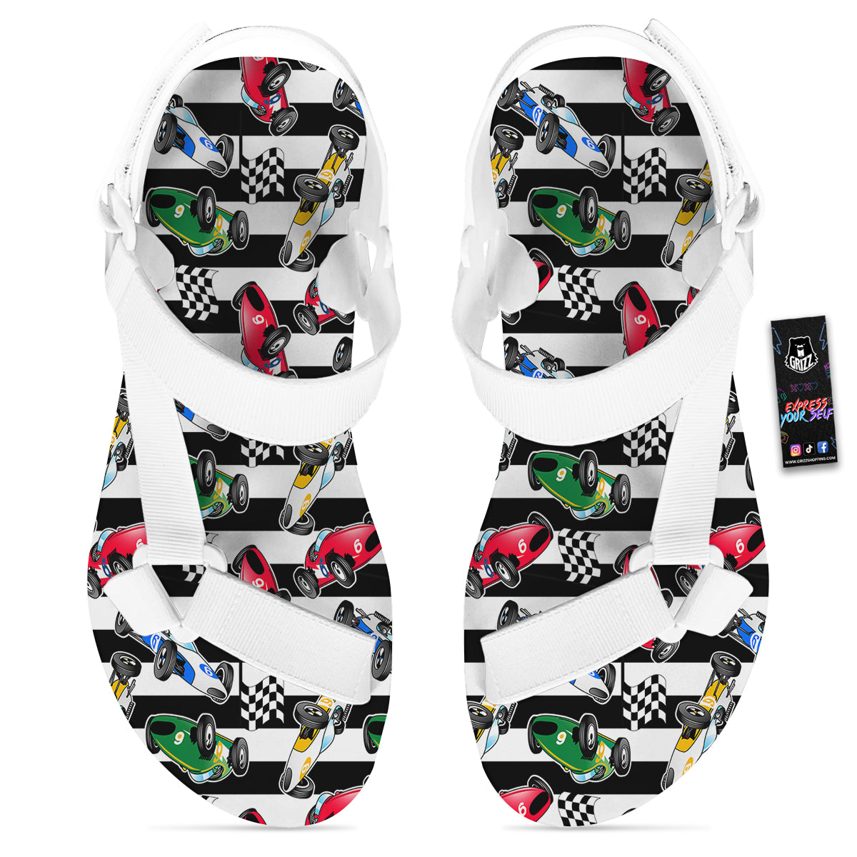 Stripes Racing Cars Print Pattern White Open Toe Sandals-grizzshop