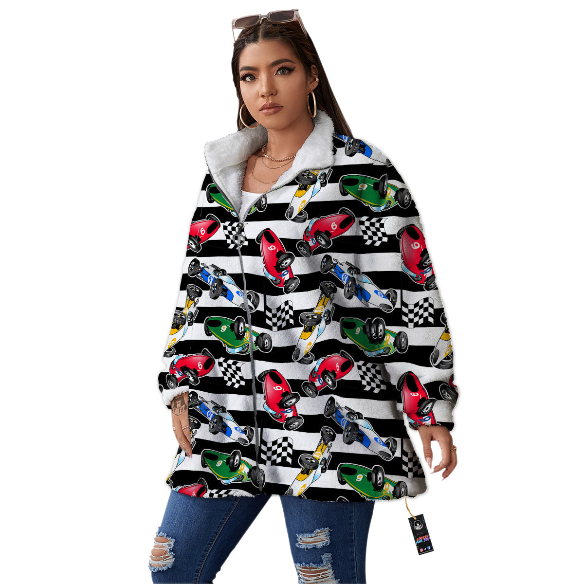Stripes Racing Cars Print Pattern Women's Sherpa Jacket-grizzshop