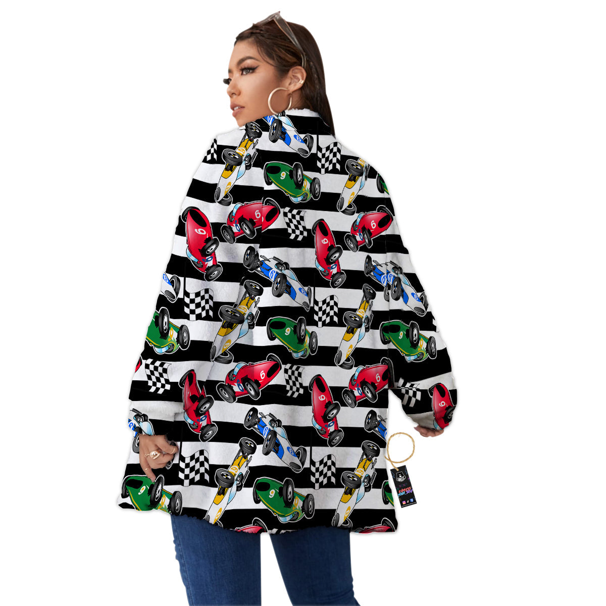 Stripes Racing Cars Print Pattern Women's Sherpa Jacket-grizzshop