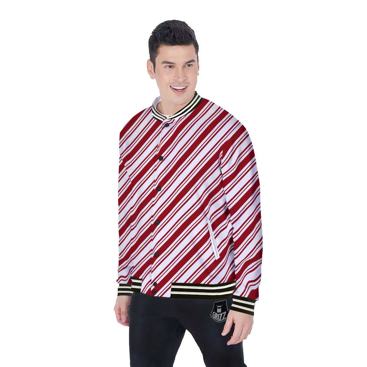 Stripes Xmas Candy Cane Print Pattern Baseball Jacket-grizzshop