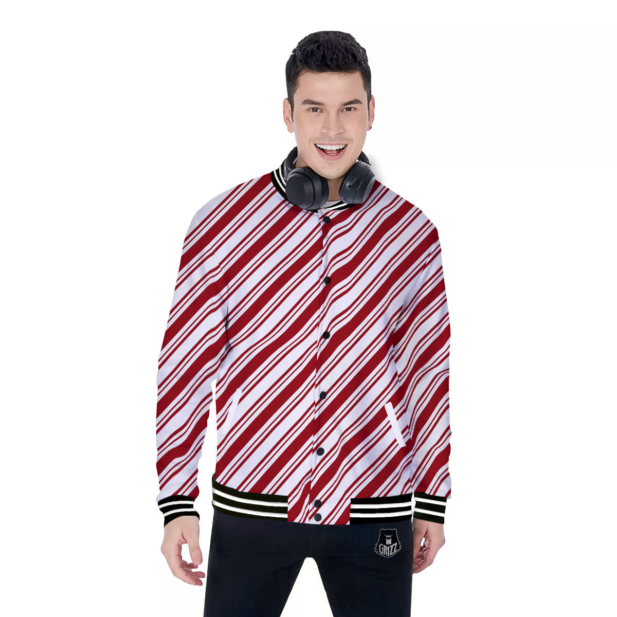 Stripes Xmas Candy Cane Print Pattern Baseball Jacket-grizzshop
