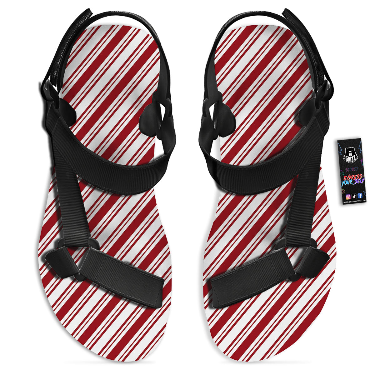 Stripes Xmas Candy Cane Print Pattern Black Open Toe Sandals-grizzshop