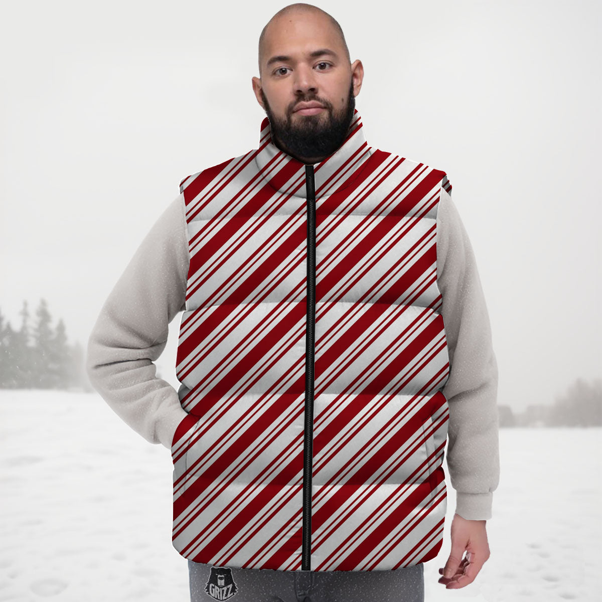 Stripes Xmas Candy Cane Print Pattern Down Vest-grizzshop