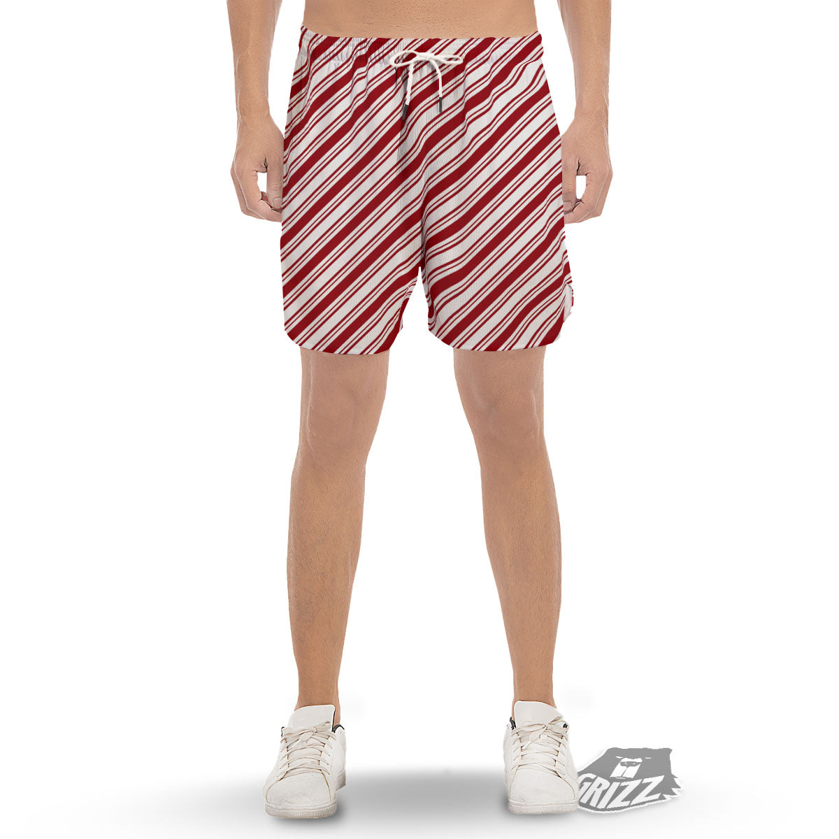 Stripes Xmas Candy Cane Print Pattern Men's Gym Shorts-grizzshop