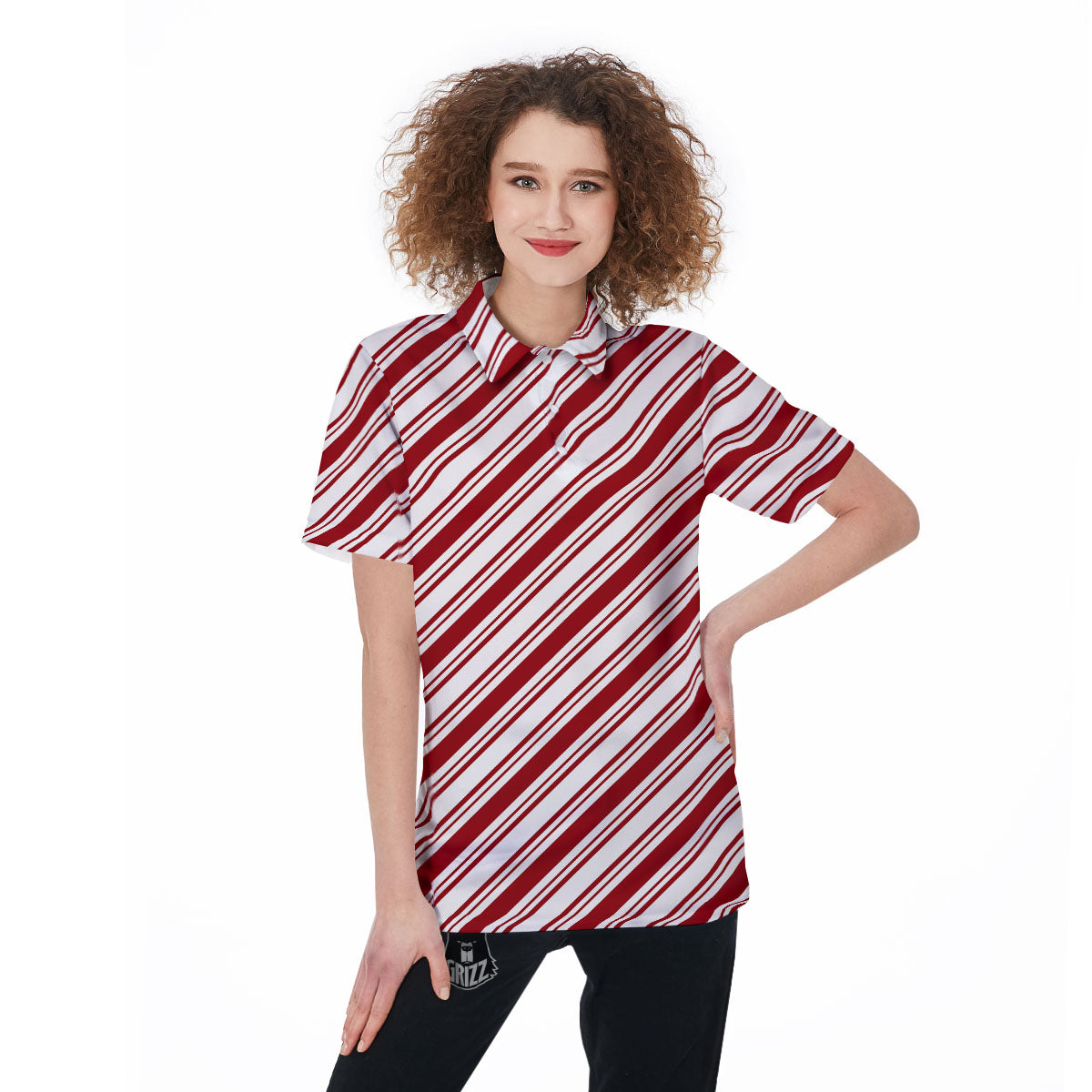 Stripes Xmas Candy Cane Print Pattern Women's Golf Shirts-grizzshop