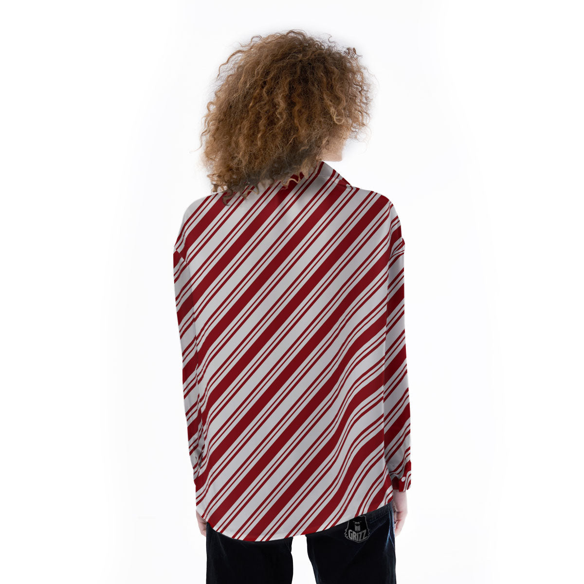 Stripes Xmas Candy Cane Print Pattern Women's Long Sleeve Shirts-grizzshop
