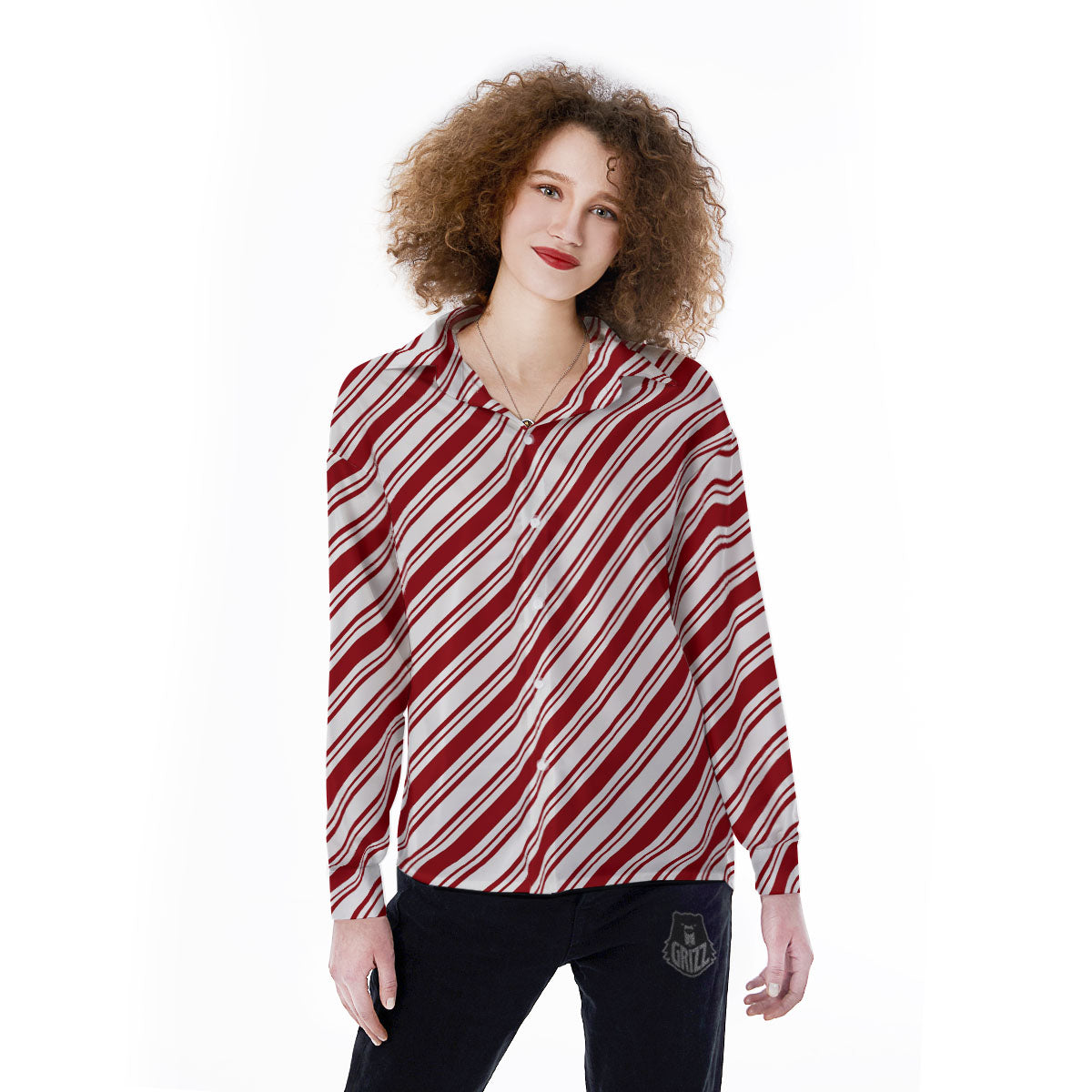 Stripes Xmas Candy Cane Print Pattern Women's Long Sleeve Shirts-grizzshop