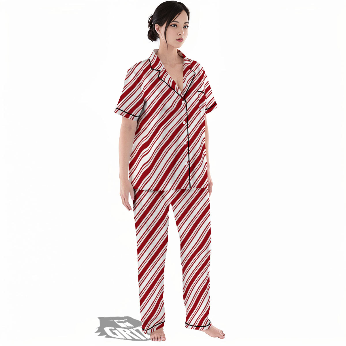 Stripes Xmas Candy Cane Print Pattern Women's Pajamas Set-grizzshop