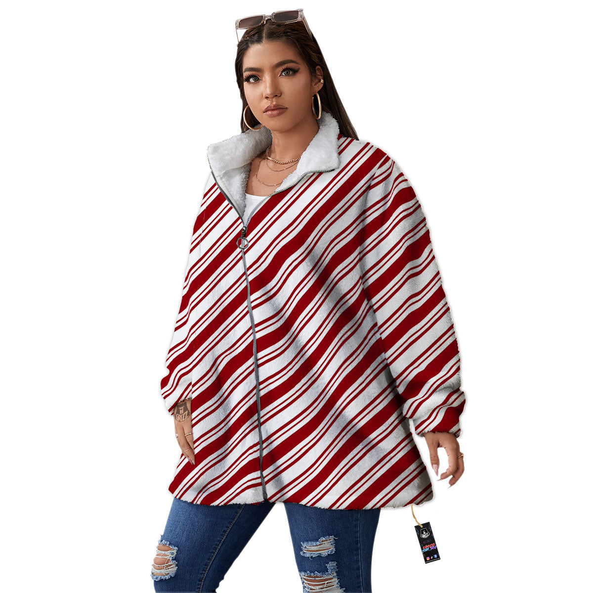 Stripes Xmas Candy Cane Print Pattern Women's Sherpa Jacket-grizzshop