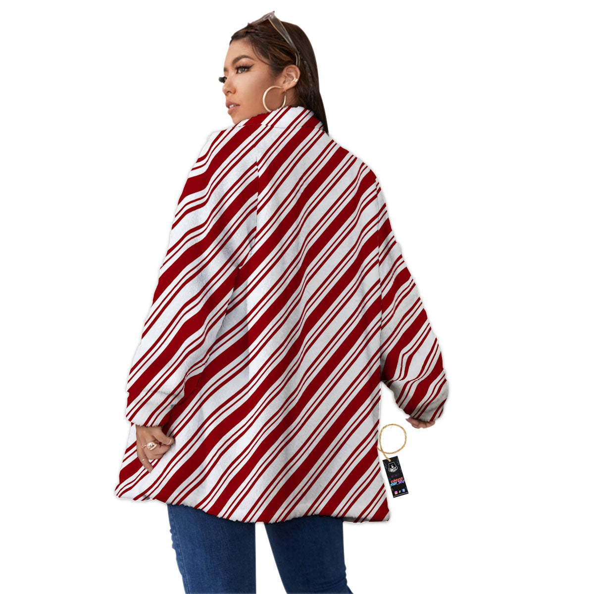 Stripes Xmas Candy Cane Print Pattern Women's Sherpa Jacket-grizzshop