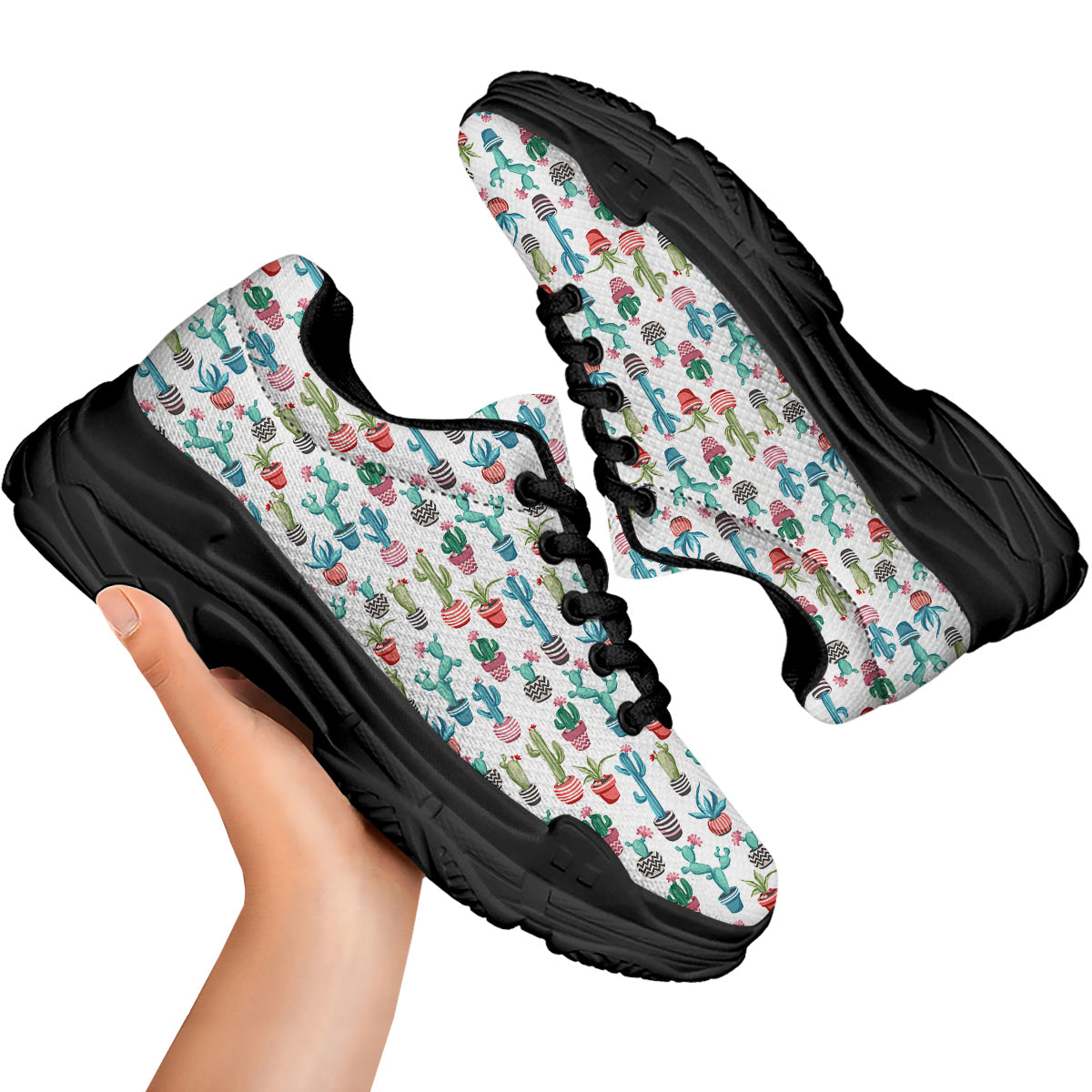 Succulent And Cute Cactus Print Black Chunky Shoes-grizzshop