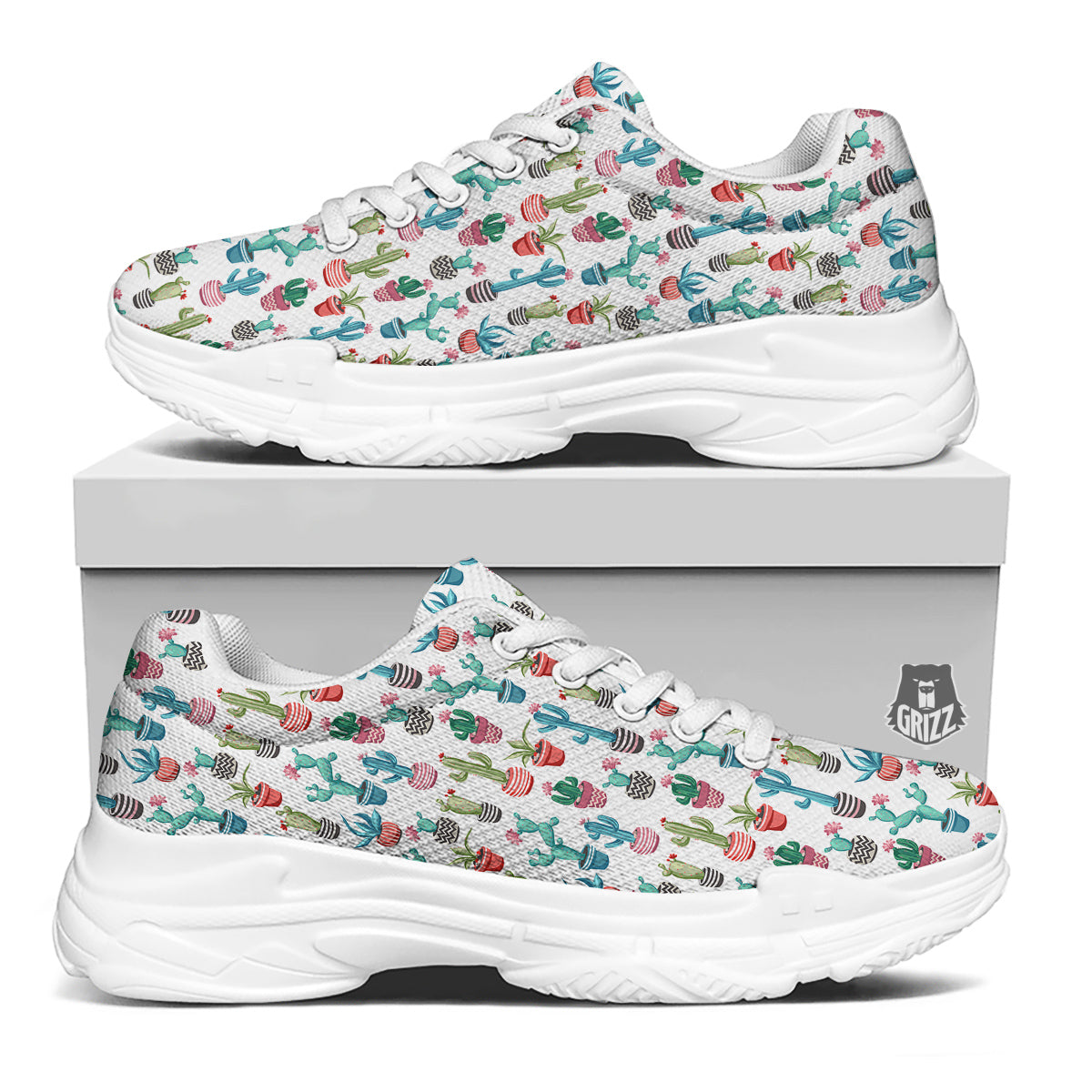 Succulent And Cute Cactus Print White Chunky Shoes-grizzshop