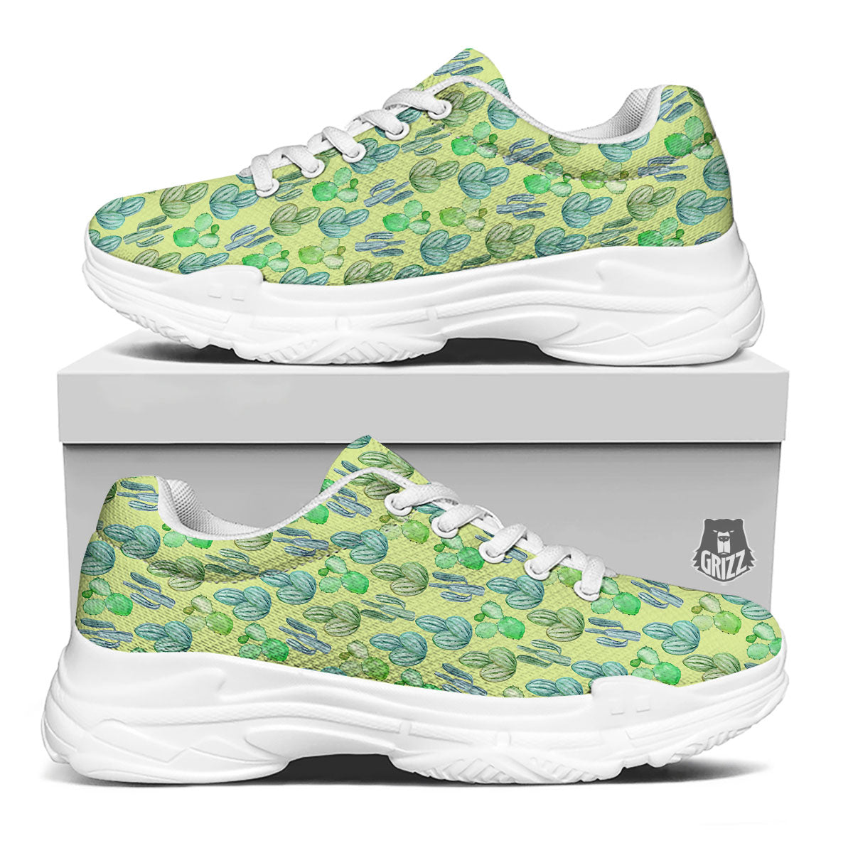 Succulent And Pastel Cactus Print White Chunky Shoes-grizzshop