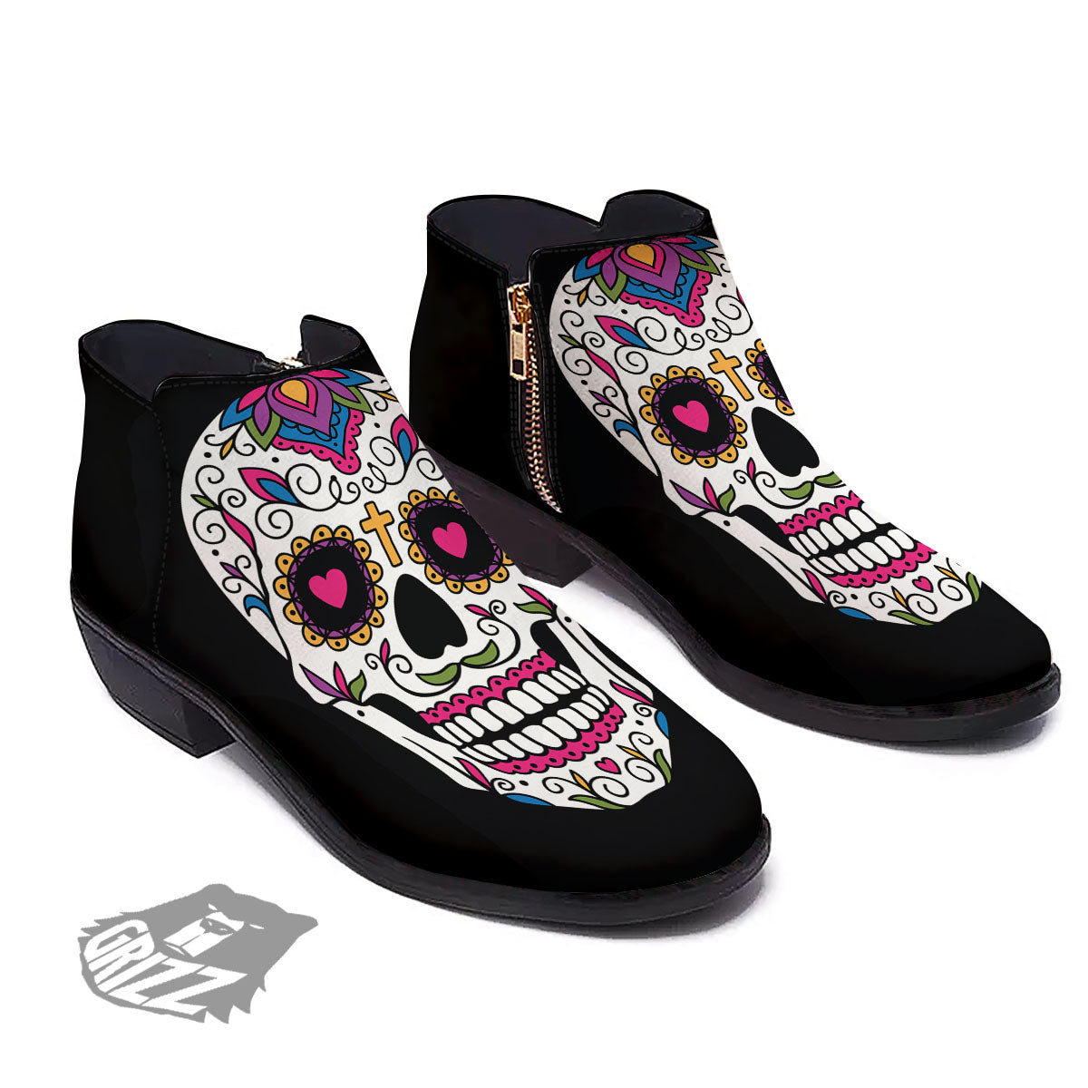 Sugar Skull Day Of The Dead Print Ankle Boots-grizzshop