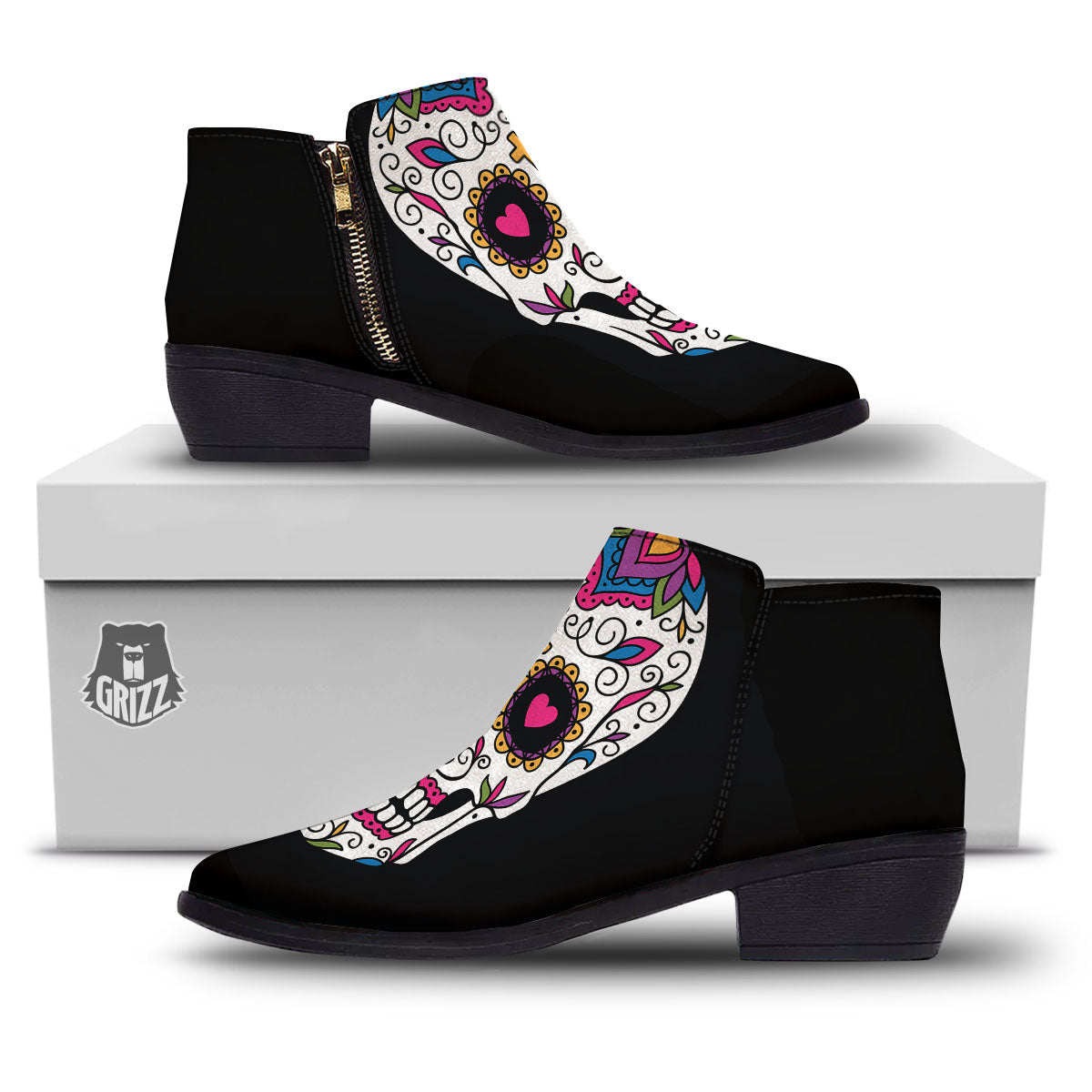 Sugar Skull Day Of The Dead Print Ankle Boots-grizzshop