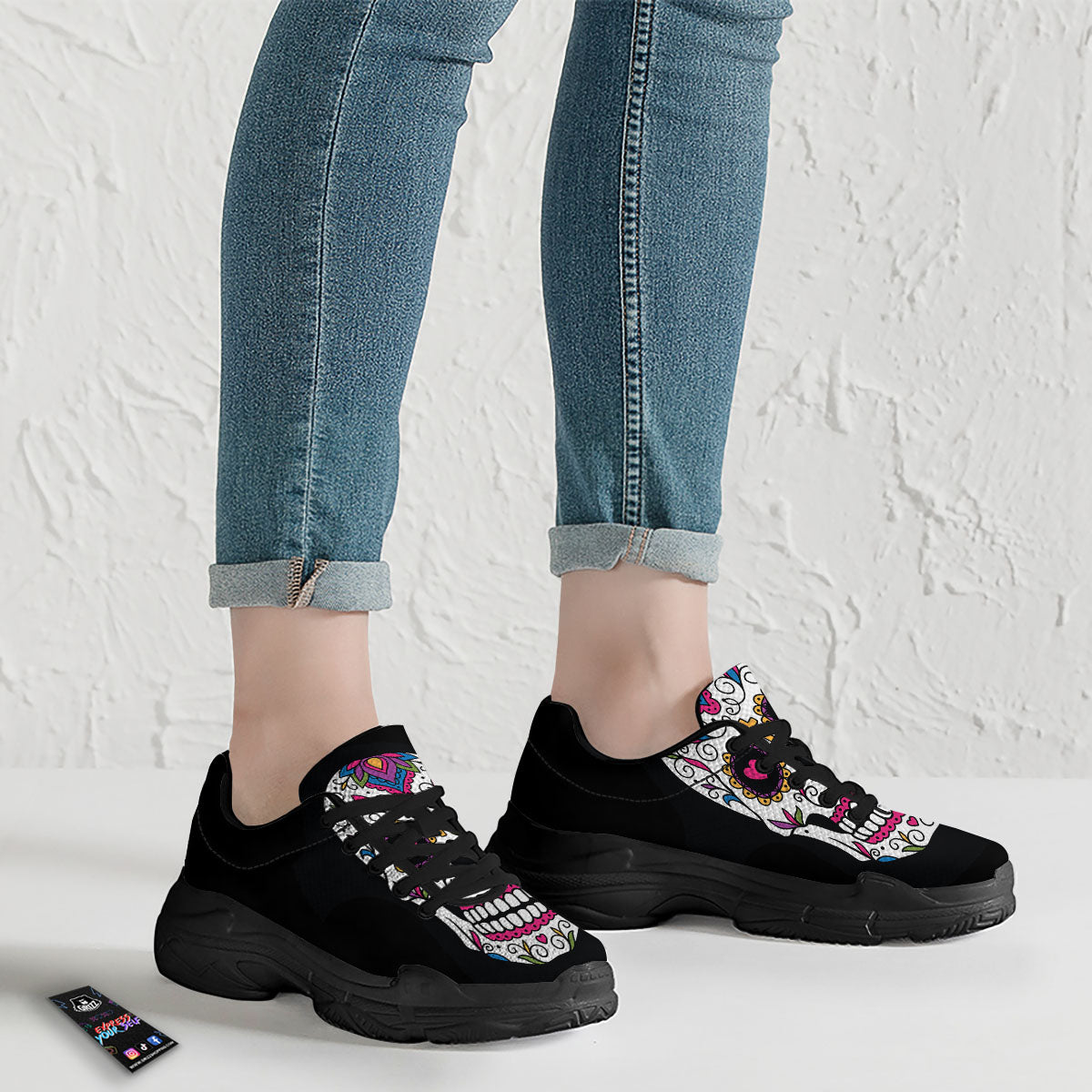 Sugar Skull Day Of The Dead Print Black Chunky Shoes-grizzshop