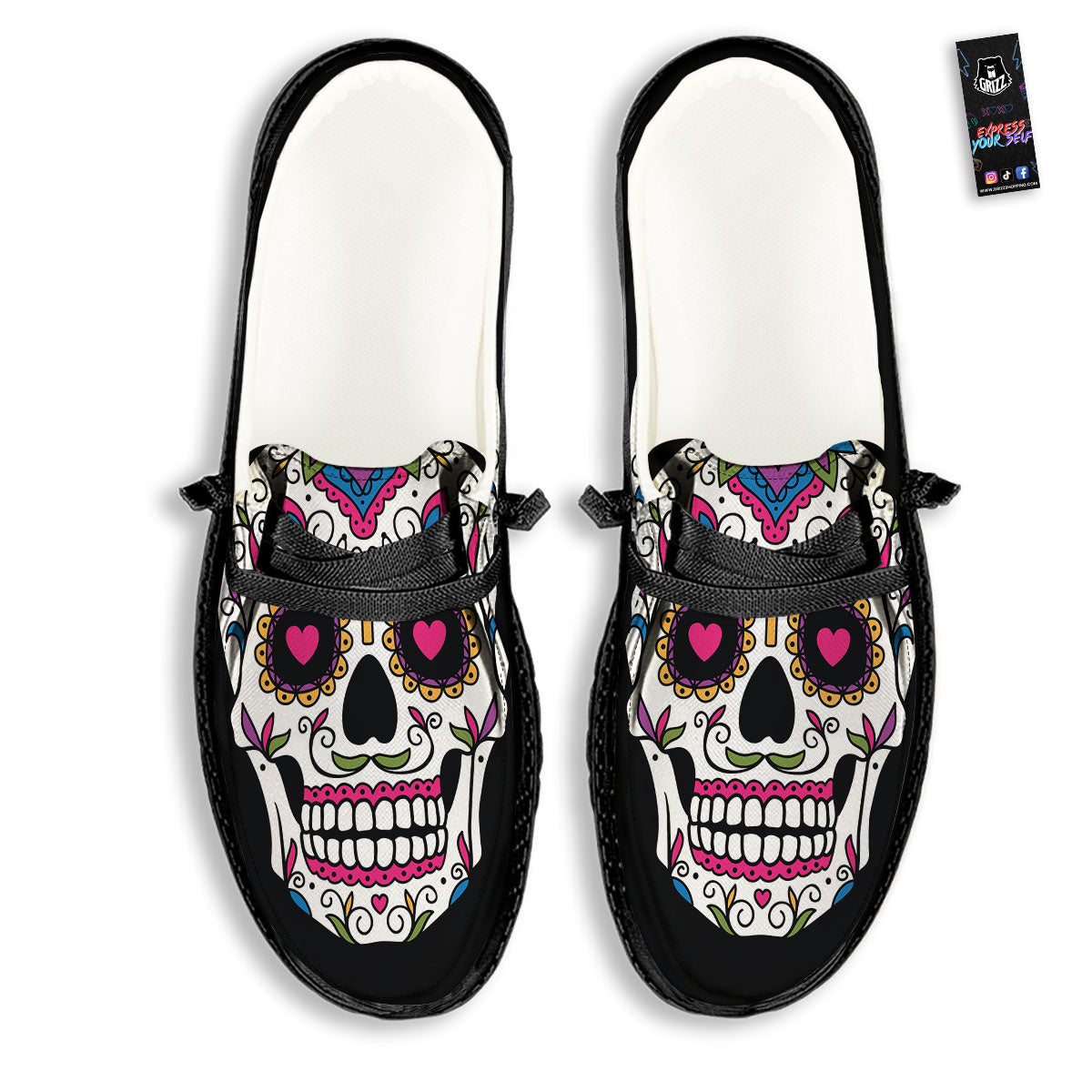 Sugar Skull Day Of The Dead Print Black Loafers-grizzshop