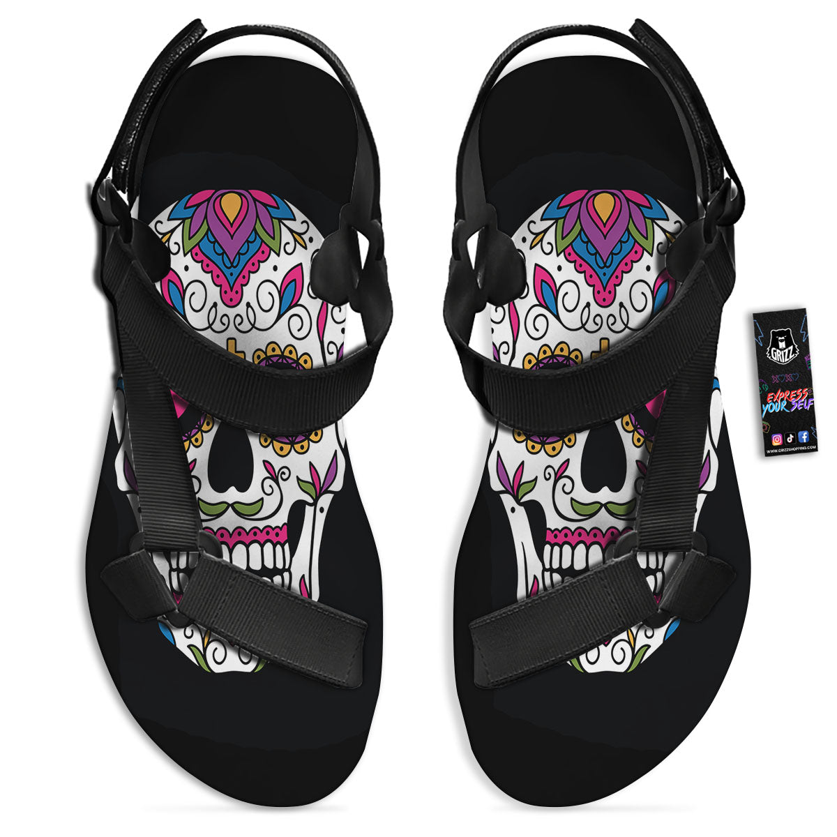 Sugar Skull Day Of The Dead Print Black Open Toe Sandals-grizzshop
