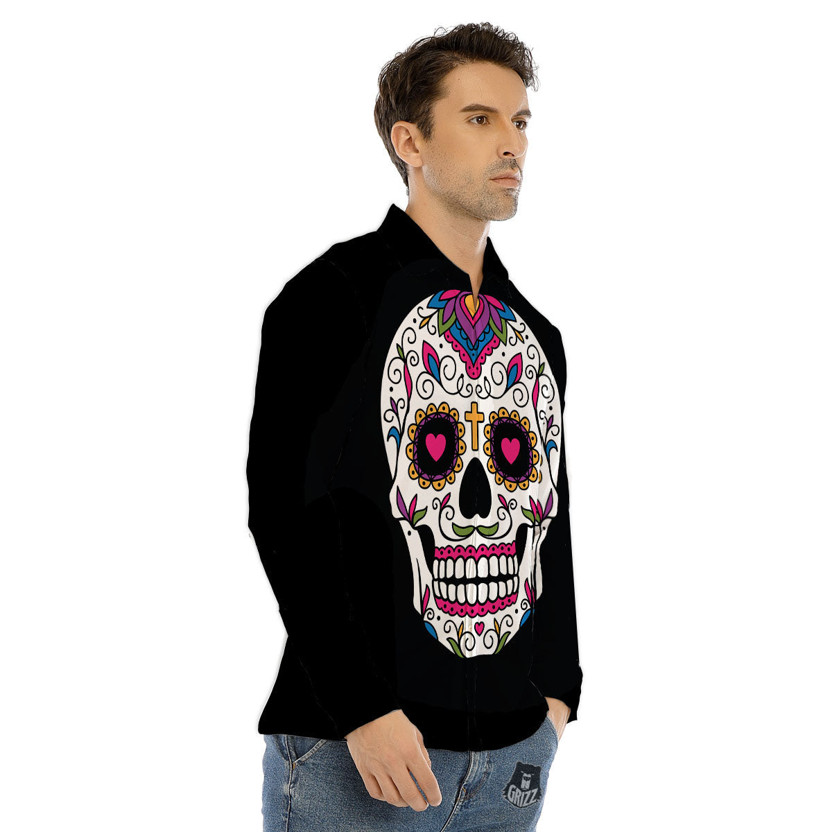 Sugar Skull Day Of The Dead Print Men's Dress Shirts-grizzshop