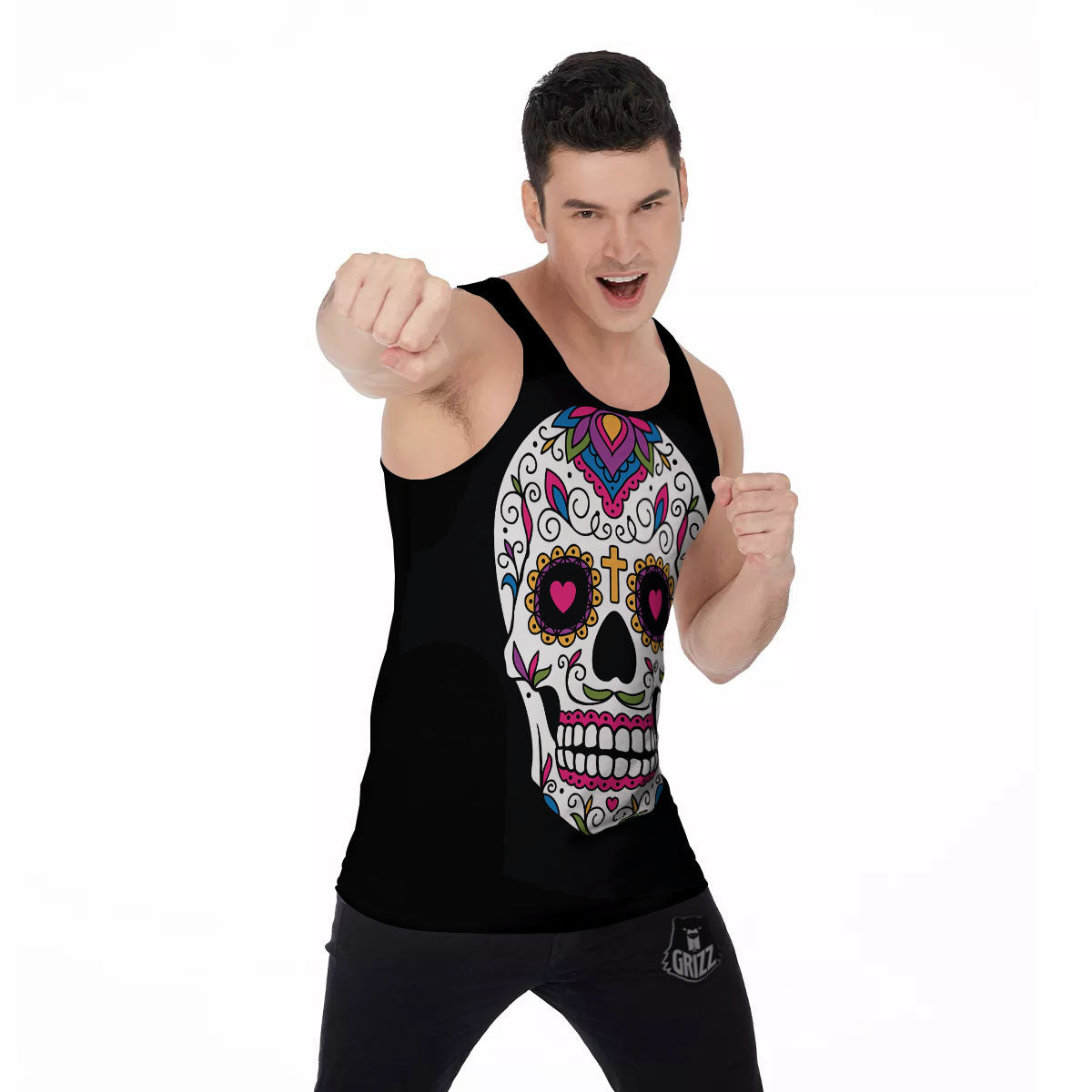 Sugar Skull Day Of The Dead Print Men's Tank Top-grizzshop