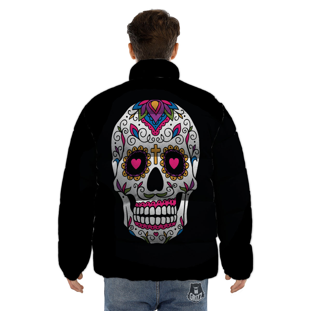 Sugar Skull Day Of The Dead Print Puffer Jacket-grizzshop