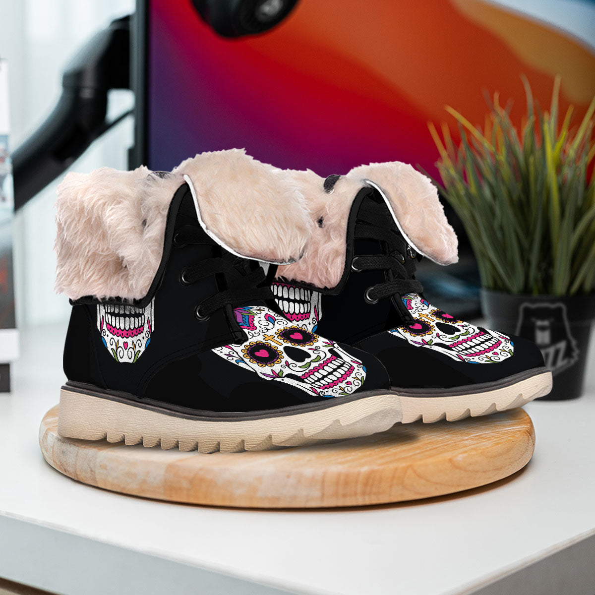 Sugar Skull Day Of The Dead Print Snow Boots-grizzshop
