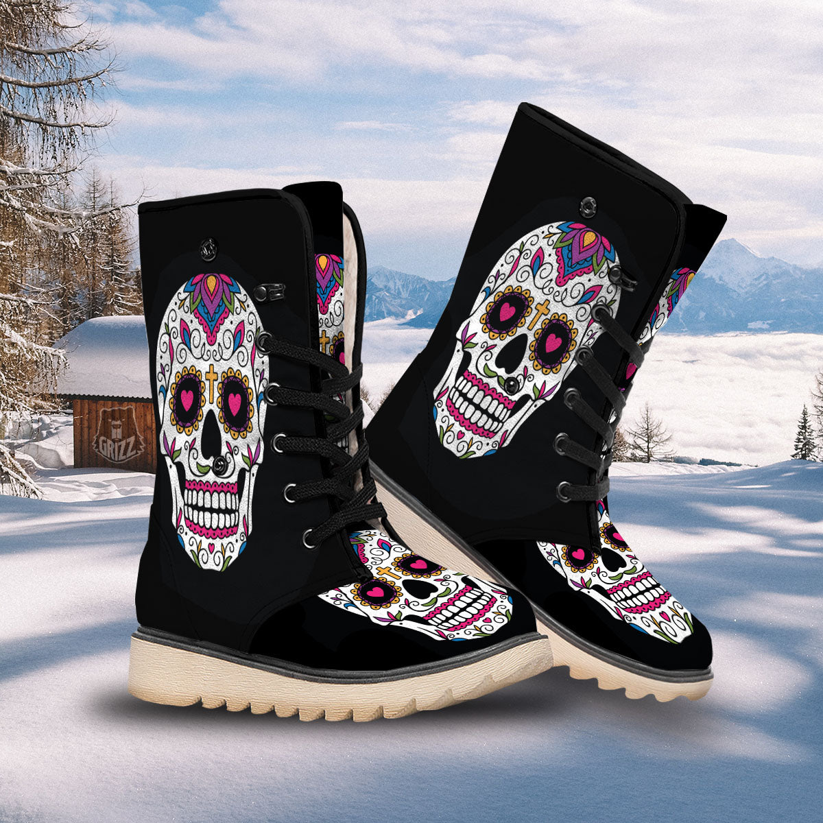 Sugar Skull Day Of The Dead Print Snow Boots-grizzshop