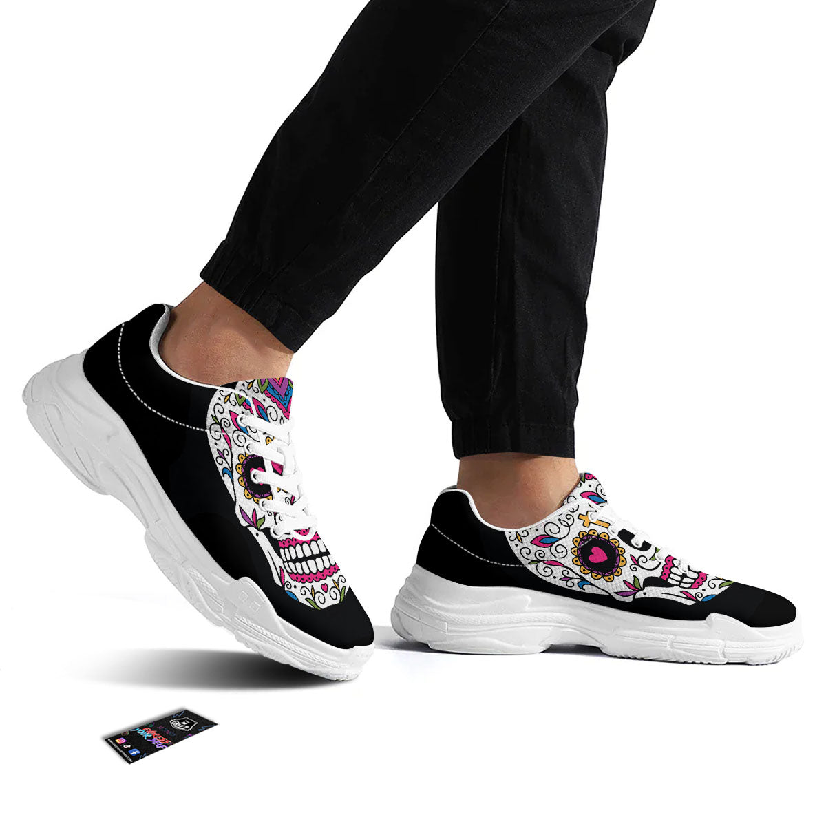 Sugar Skull Day Of The Dead Print White Chunky Shoes-grizzshop