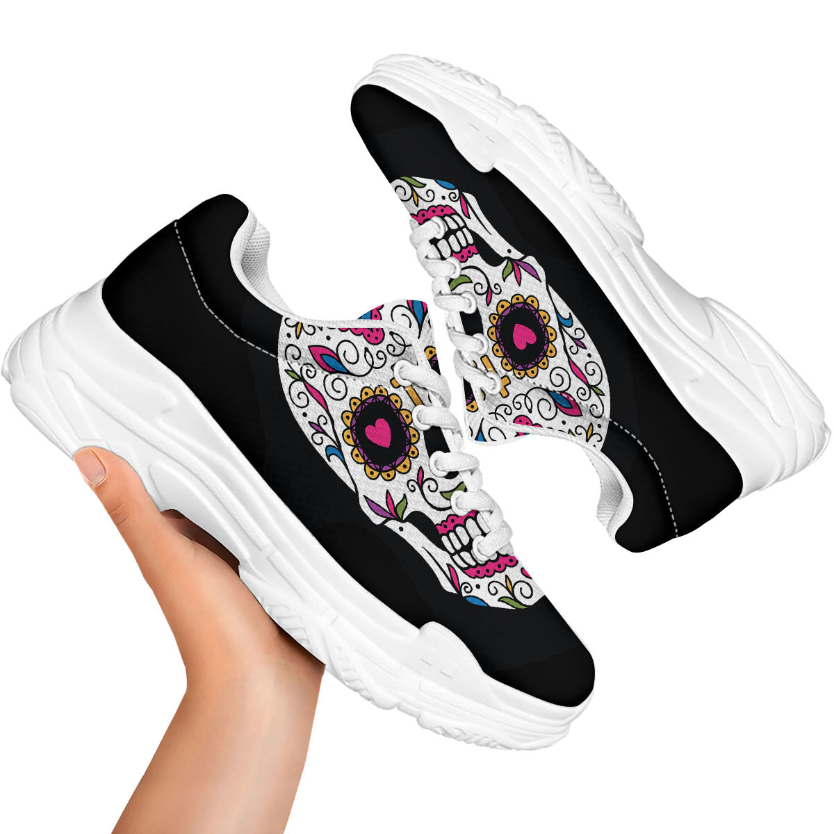 Sugar Skull Day Of The Dead Print White Chunky Shoes-grizzshop