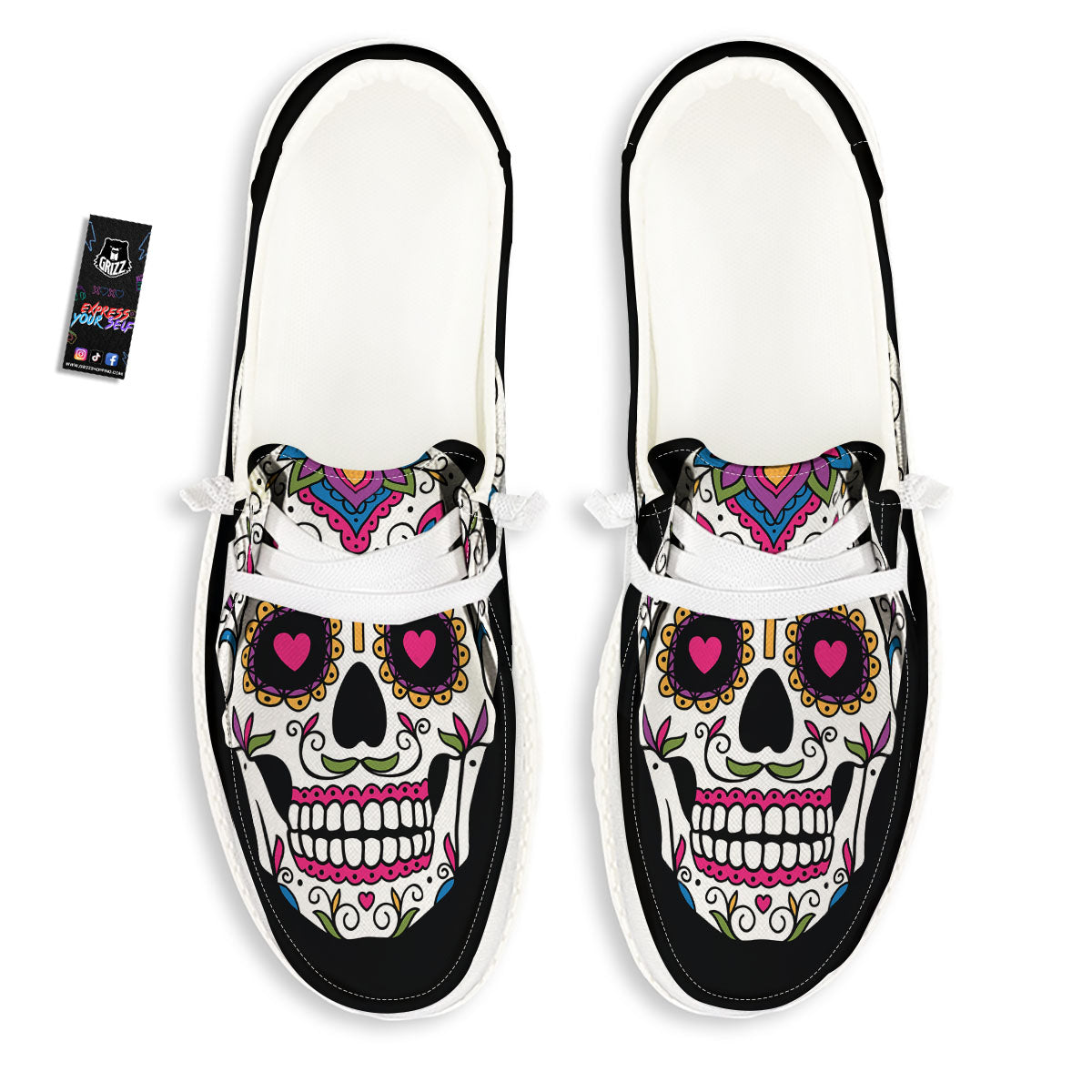 Sugar Skull Day Of The Dead Print White Loafers-grizzshop