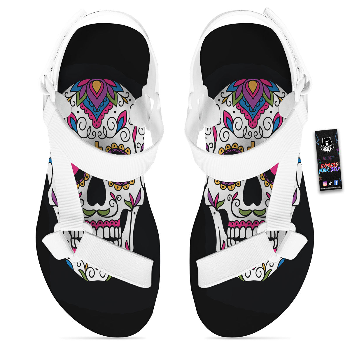 Sugar Skull Day Of The Dead Print White Open Toe Sandals-grizzshop