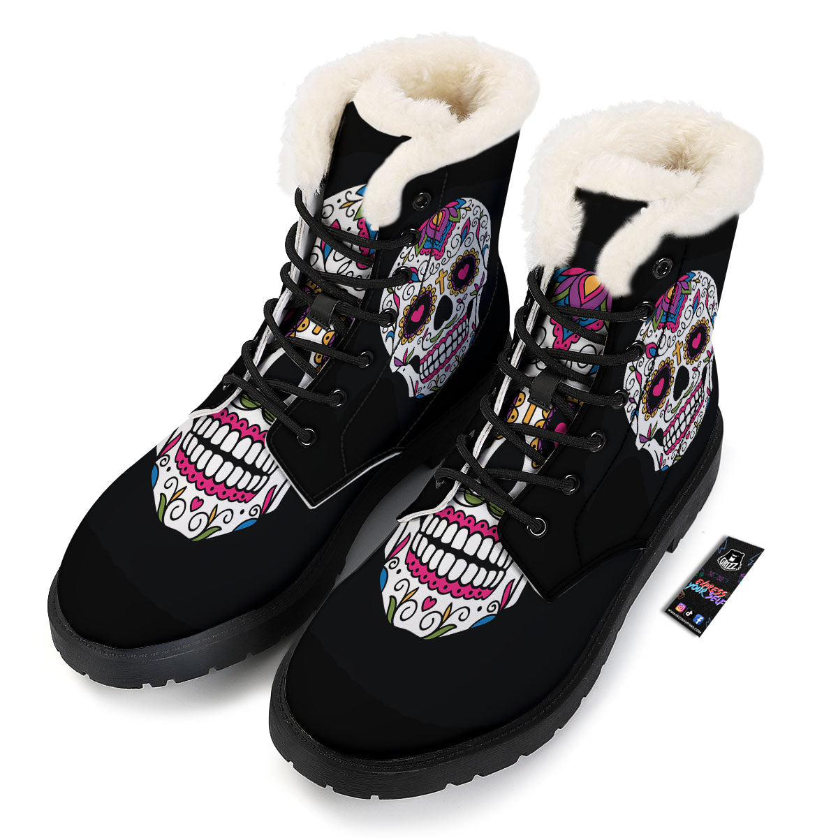 Sugar Skull Day Of The Dead Print Winter Boots-grizzshop