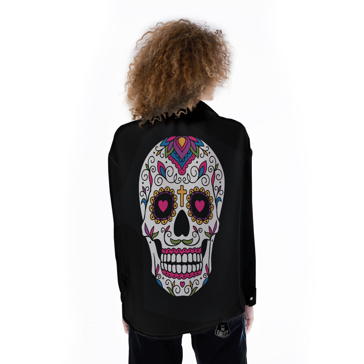 Sugar Skull Day Of The Dead Print Women's Long Sleeve Shirts-grizzshop