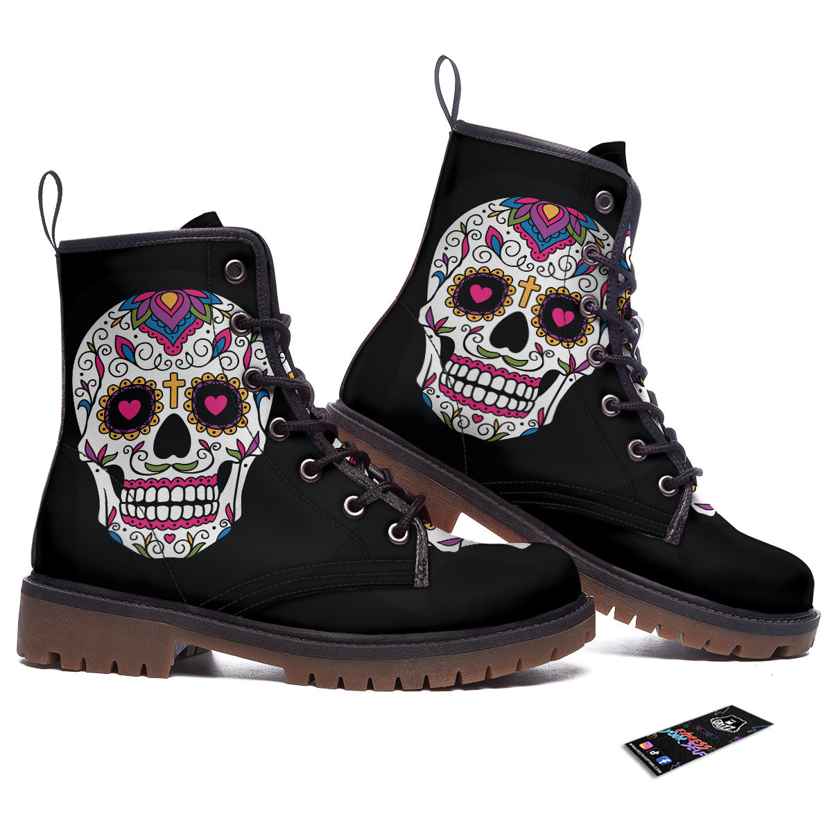 Sugar Skull Day Of The Dead Print Work Boots-grizzshop
