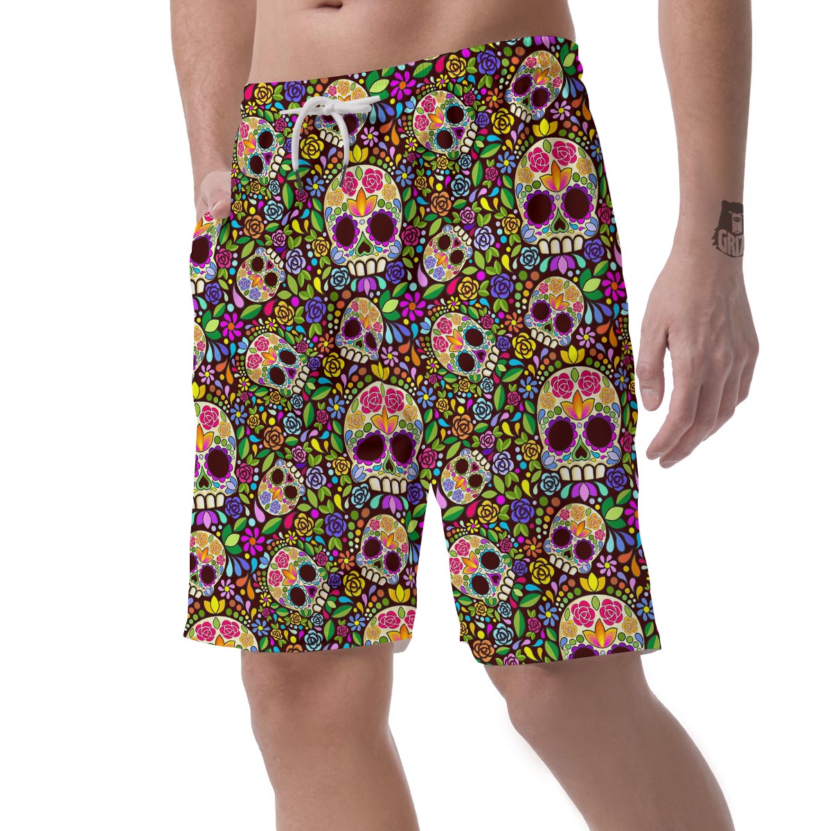 Sugar Skull Mexican Floral Men's Shorts-grizzshop