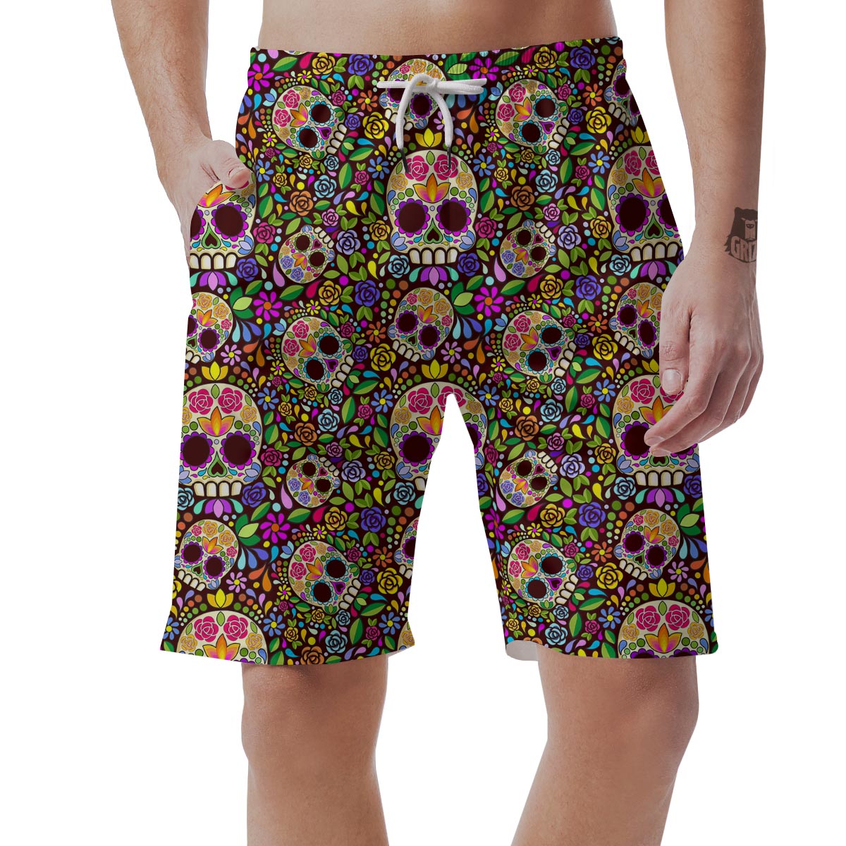 Sugar Skull Mexican Floral Men's Shorts-grizzshop