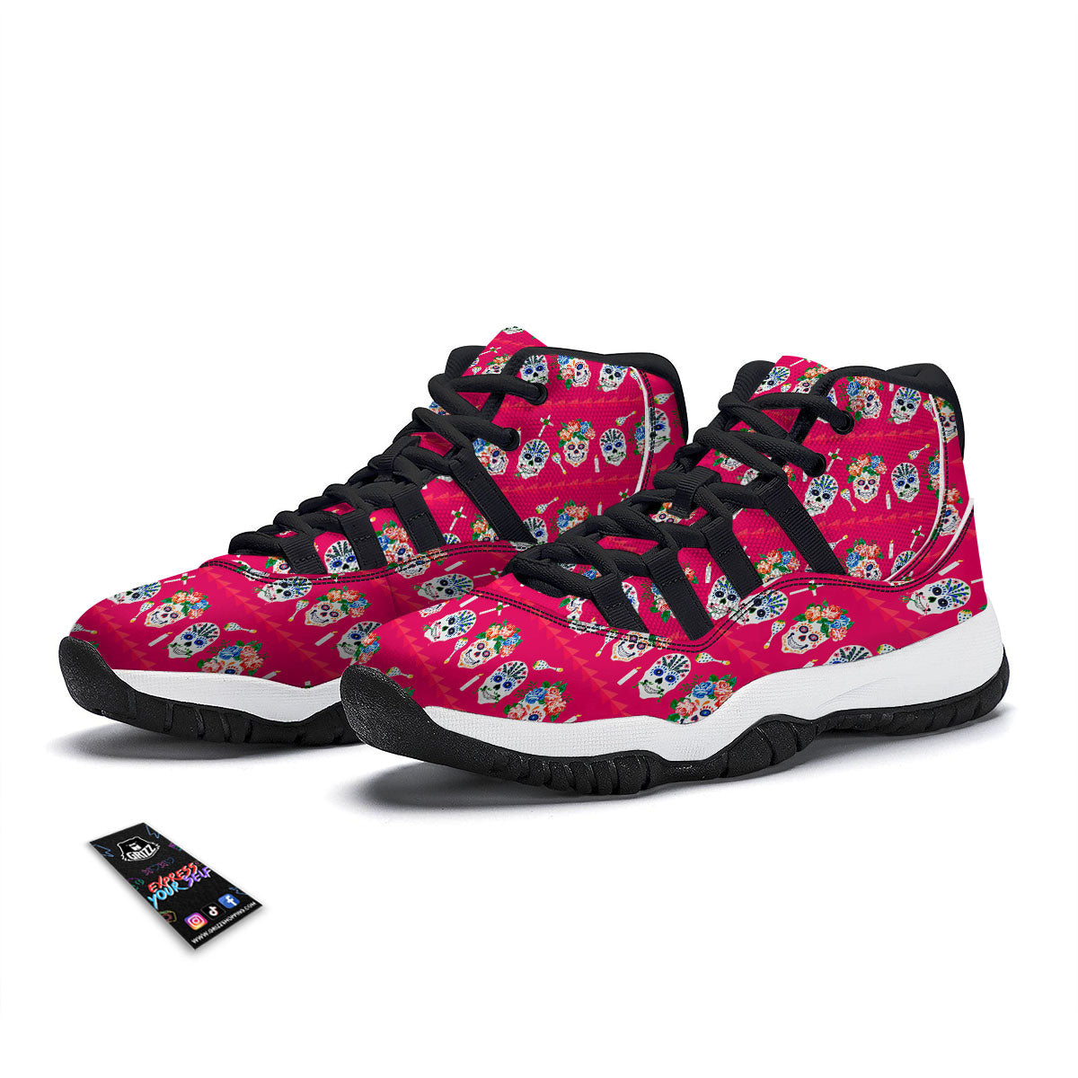Sugar Skull Pink Print Pattern Black Bball Shoes-grizzshop