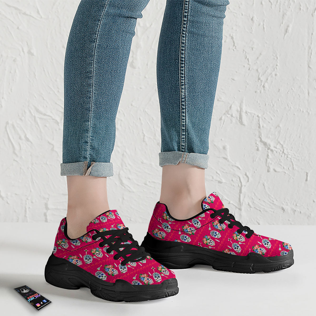 Sugar Skull Pink Print Pattern Black Chunky Shoes-grizzshop