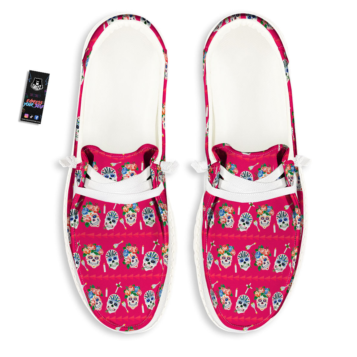 Sugar Skull Pink Print Pattern Black Loafers-grizzshop