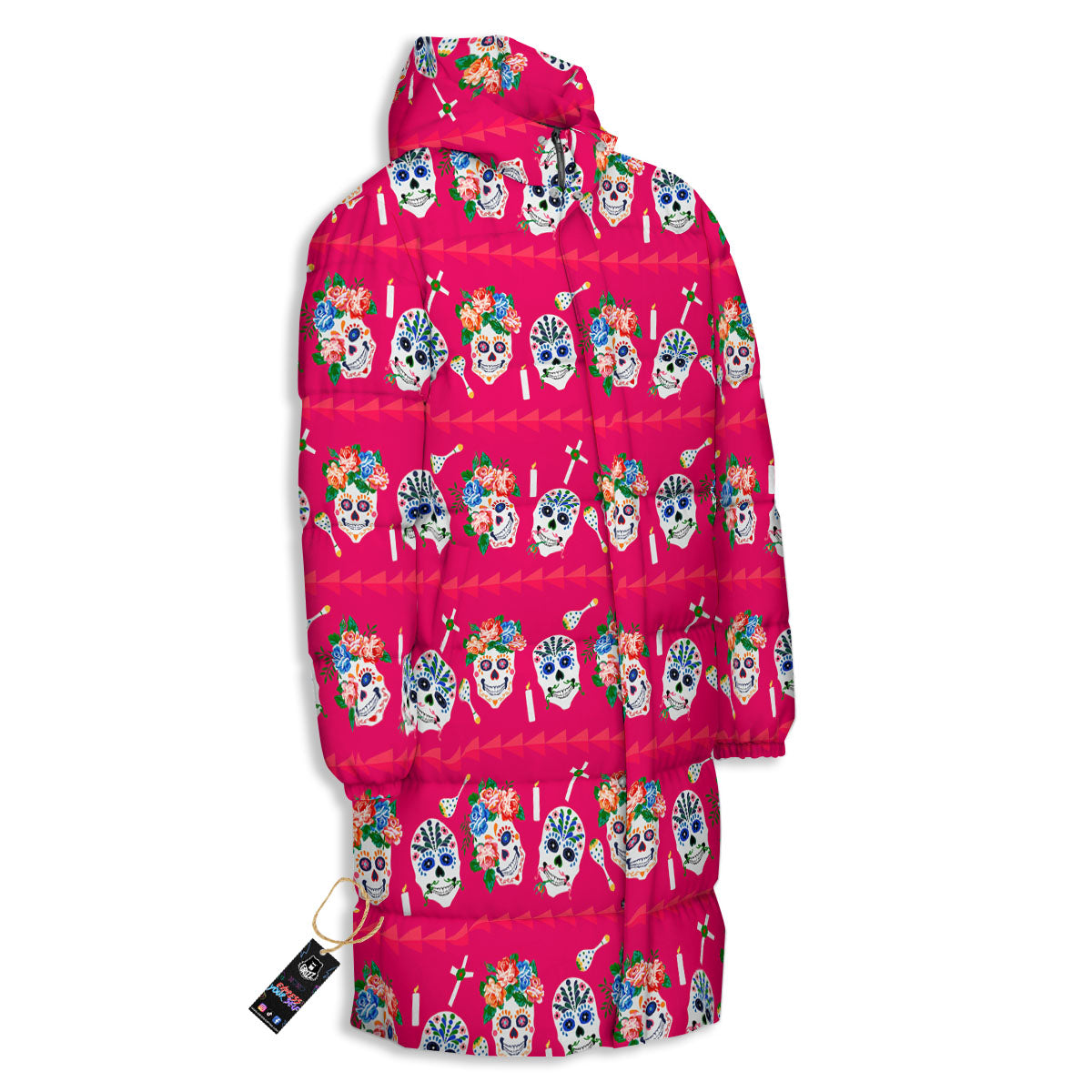 Sugar Skull Pink Print Pattern Long Down Jacket-grizzshop