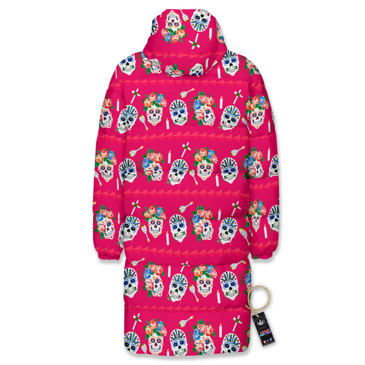 Sugar Skull Pink Print Pattern Long Down Jacket-grizzshop