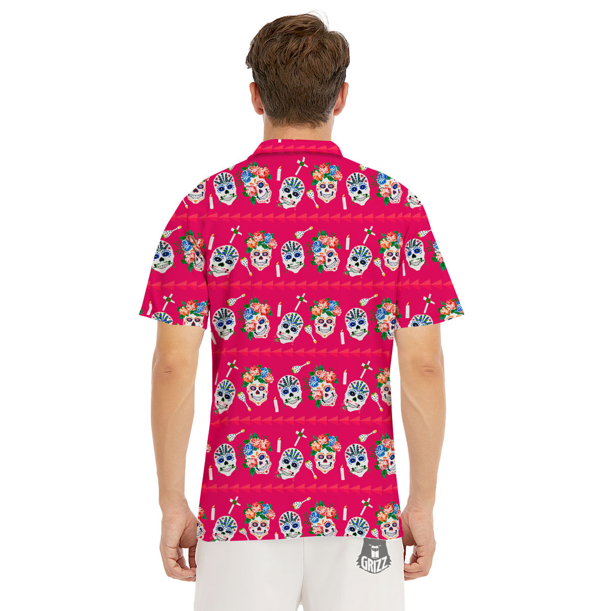Sugar Skull Pink Print Pattern Men's Golf Shirts-grizzshop