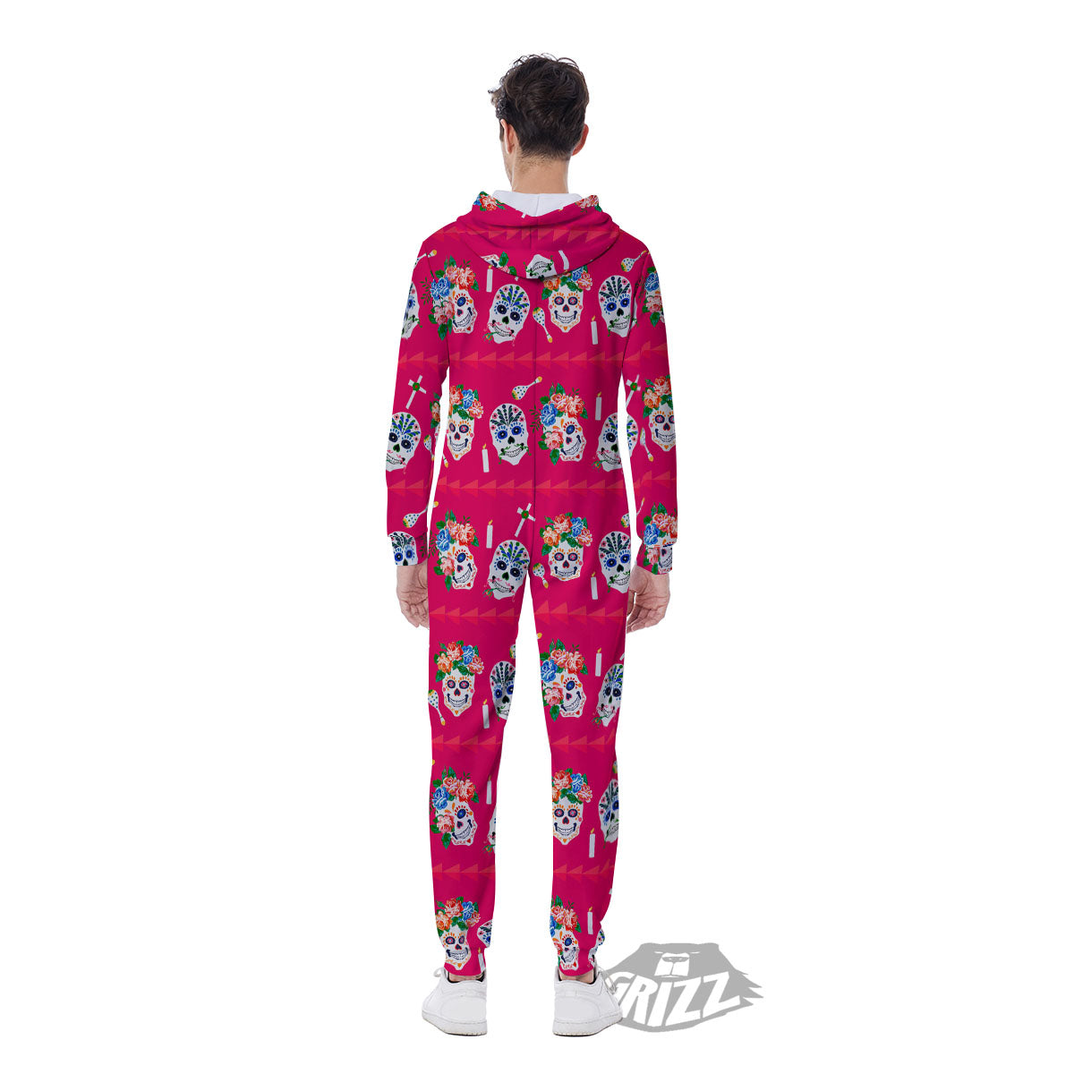 Sugar Skull Pink Print Pattern Men's Jumpsuit-grizzshop