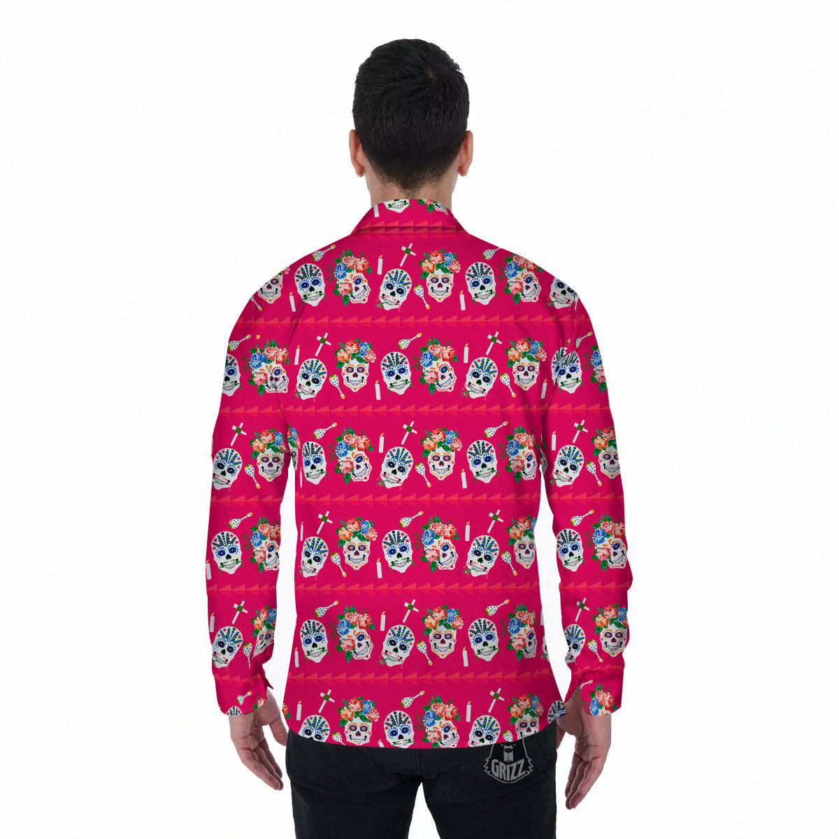 Sugar Skull Pink Print Pattern Men's Long Sleeve Shirts-grizzshop