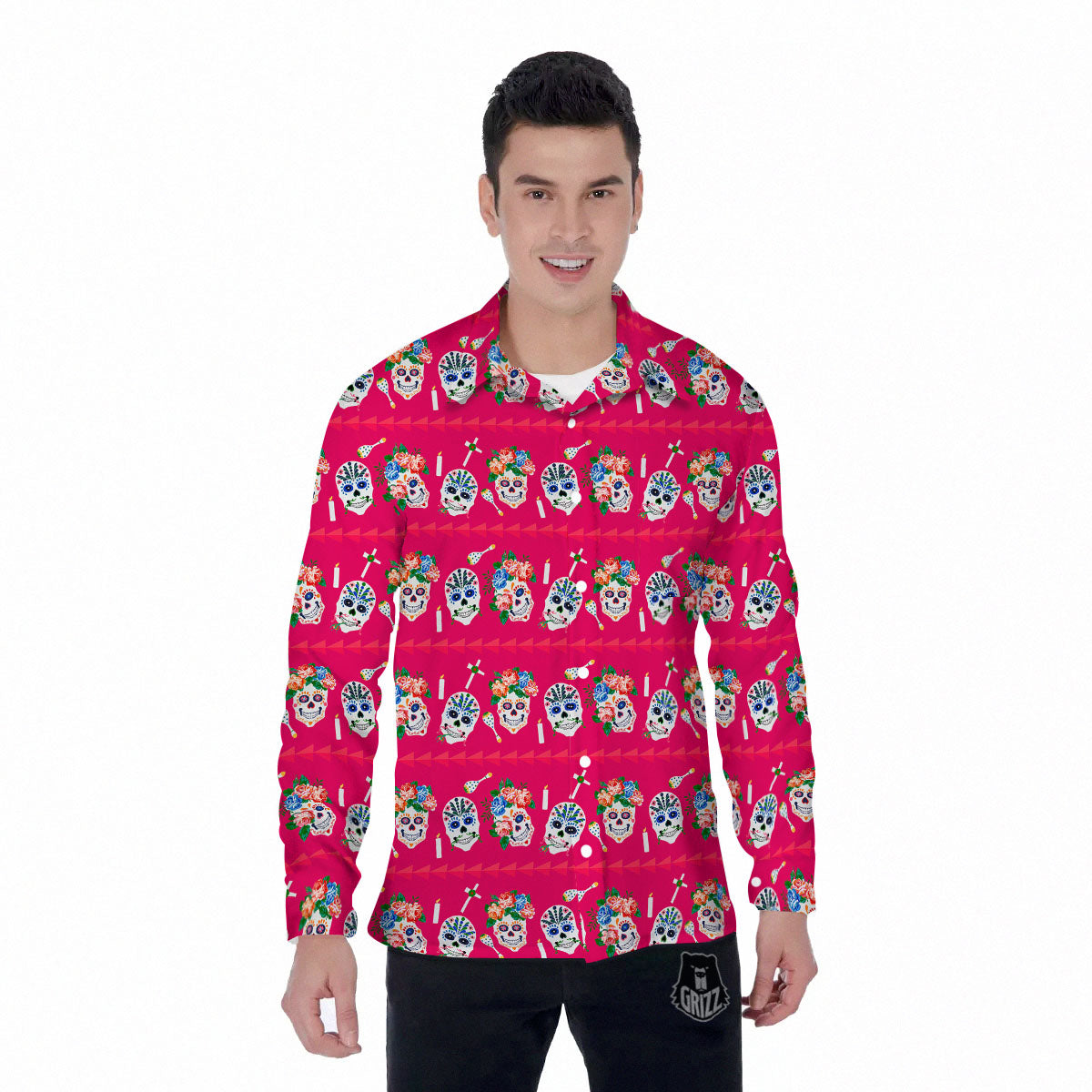 Sugar Skull Pink Print Pattern Men's Long Sleeve Shirts-grizzshop