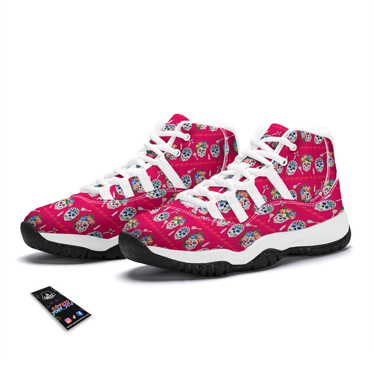 Sugar Skull Pink Print Pattern White Bball Shoes-grizzshop