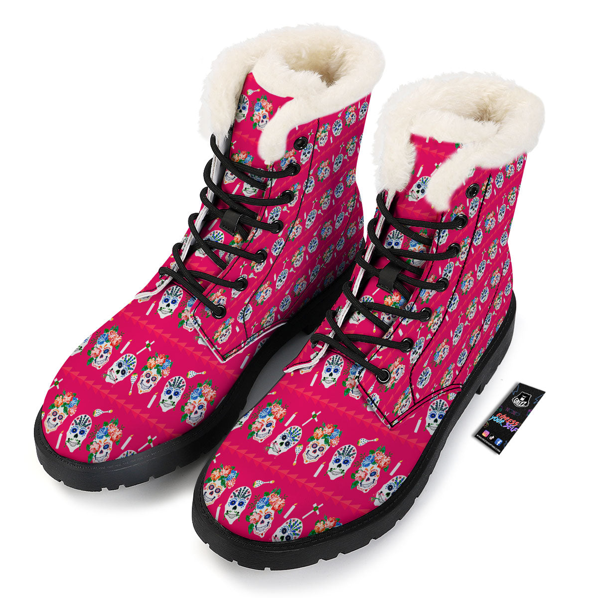 Sugar Skull Pink Print Pattern Winter Boots-grizzshop