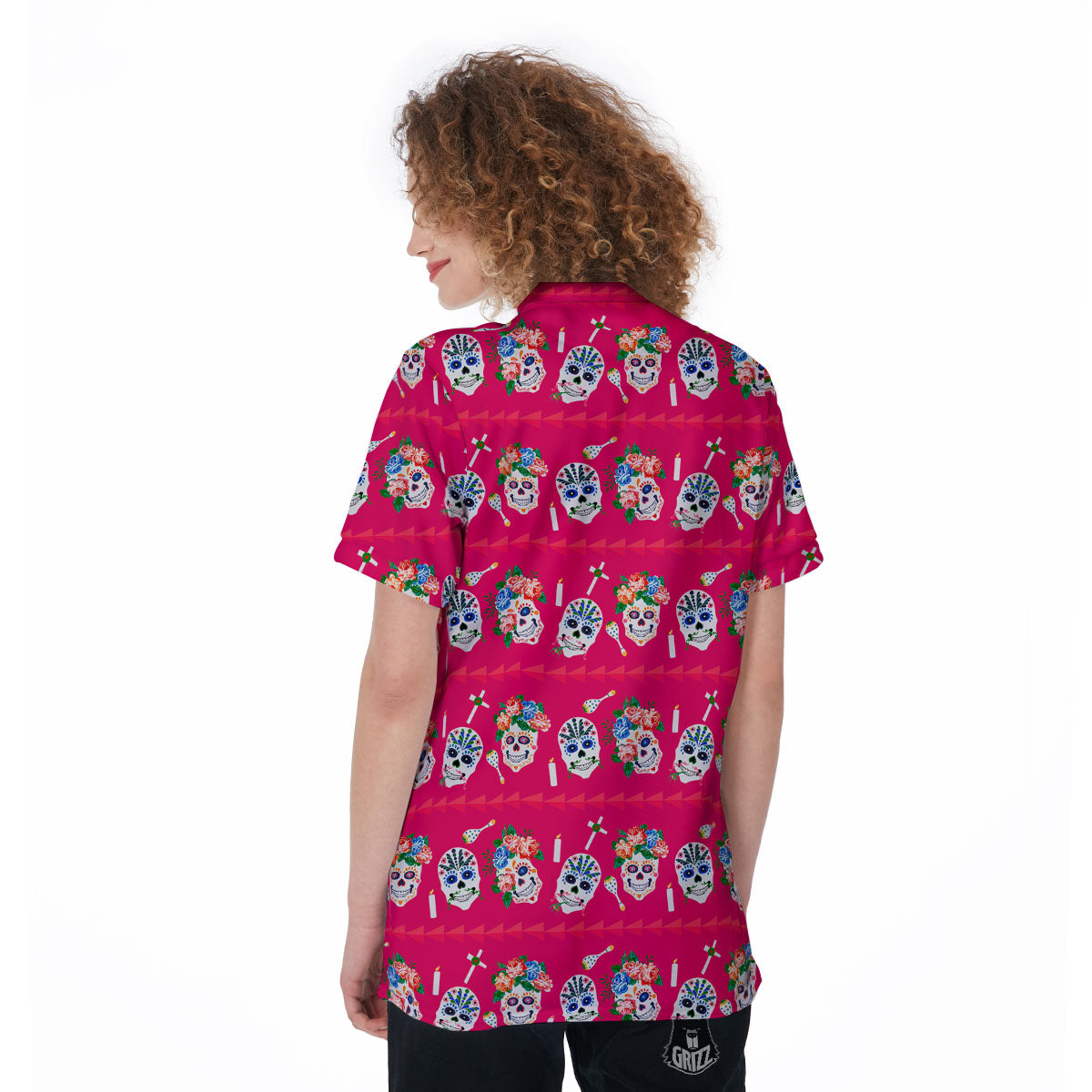 Sugar Skull Pink Print Pattern Women's Golf Shirts-grizzshop